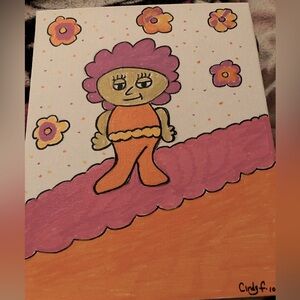Rainbow girl she has to n pink and orange outfit. Panel canvas board. 8x10